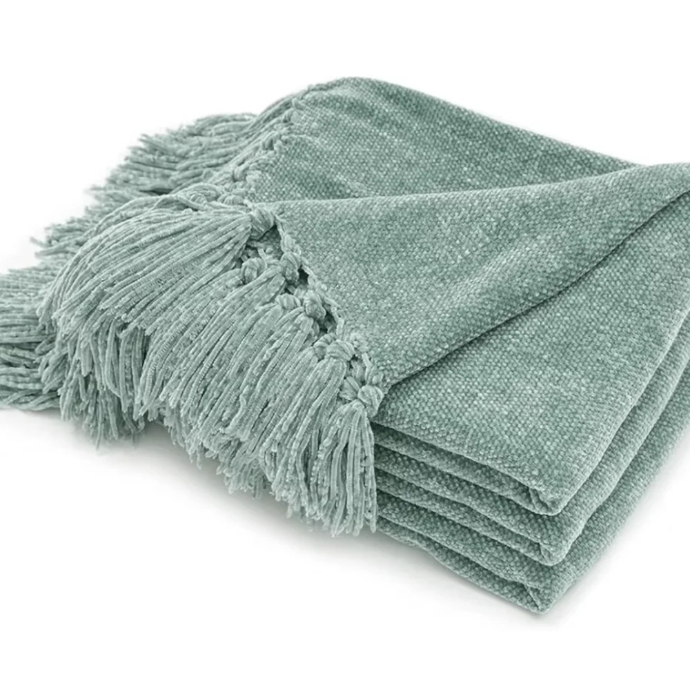 RECYCYO Chenille Throw Blanket 60x80 Sage Green Fringe Tassel Soft Cozy NEW